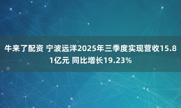 牛来了配资 宁波远洋2025年三季度实现营收15.81亿元 同比增长19.23%